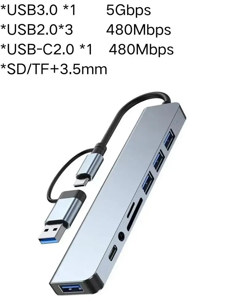 Hub USB-C 8-en-2 Multiport, Station d'accueil avec 3 ports USB 3.0 pour téléphone et tablette Xiaomi – Transfert de données rapide et recharge 3