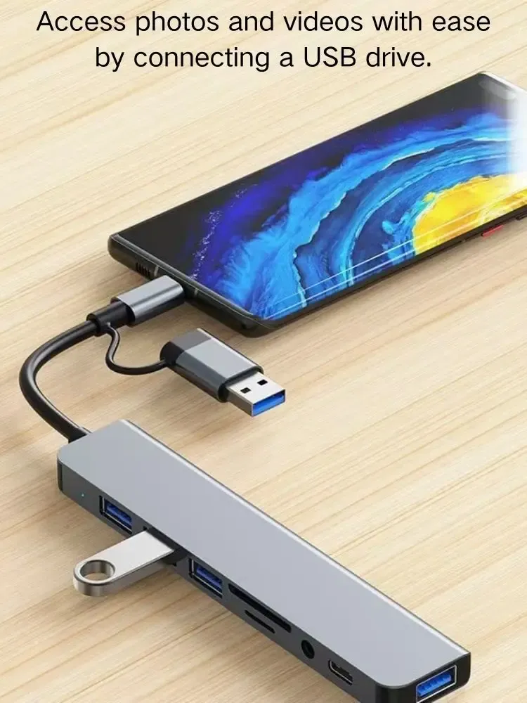 Hub USB-C 8-en-2 Multiport, Station d'accueil avec 3 ports USB 3.0 pour téléphone et tablette Xiaomi – Transfert de données rapide et recharge 4