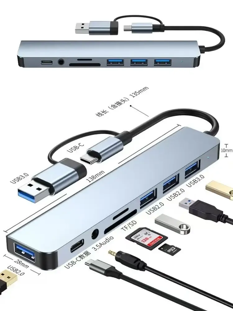 Hub USB-C 8-en-2 connecté à un smartphone Xiaomi