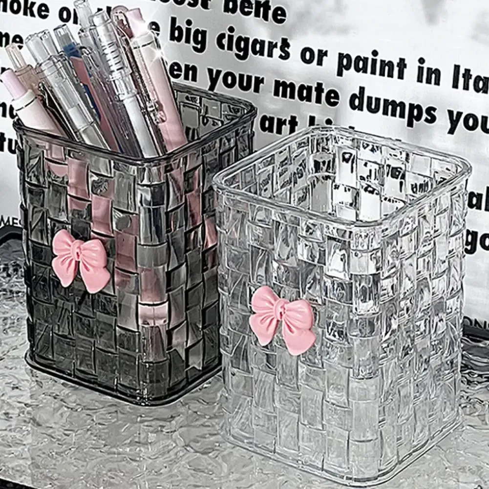 Organisateur de pinceaux de maquillage transparent avec nœud décoratif, boîte de rangement cosmétique à motif tressé pour pinceaux, rouges à lèvres et crayons à sourcils, sans couvercle 2