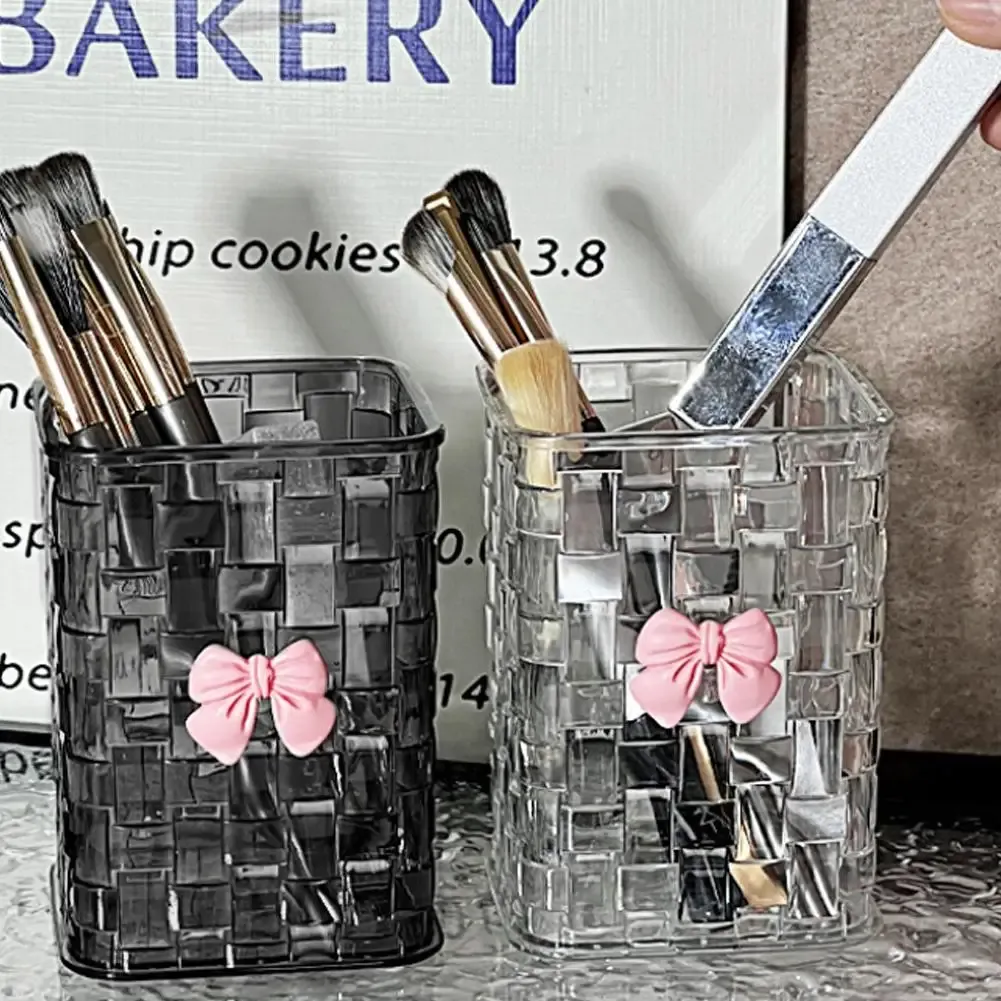 Organisateur de pinceaux de maquillage transparent avec nœud décoratif, boîte de rangement cosmétique à motif tressé pour pinceaux, rouges à lèvres et crayons à sourcils, sans couvercle 3
