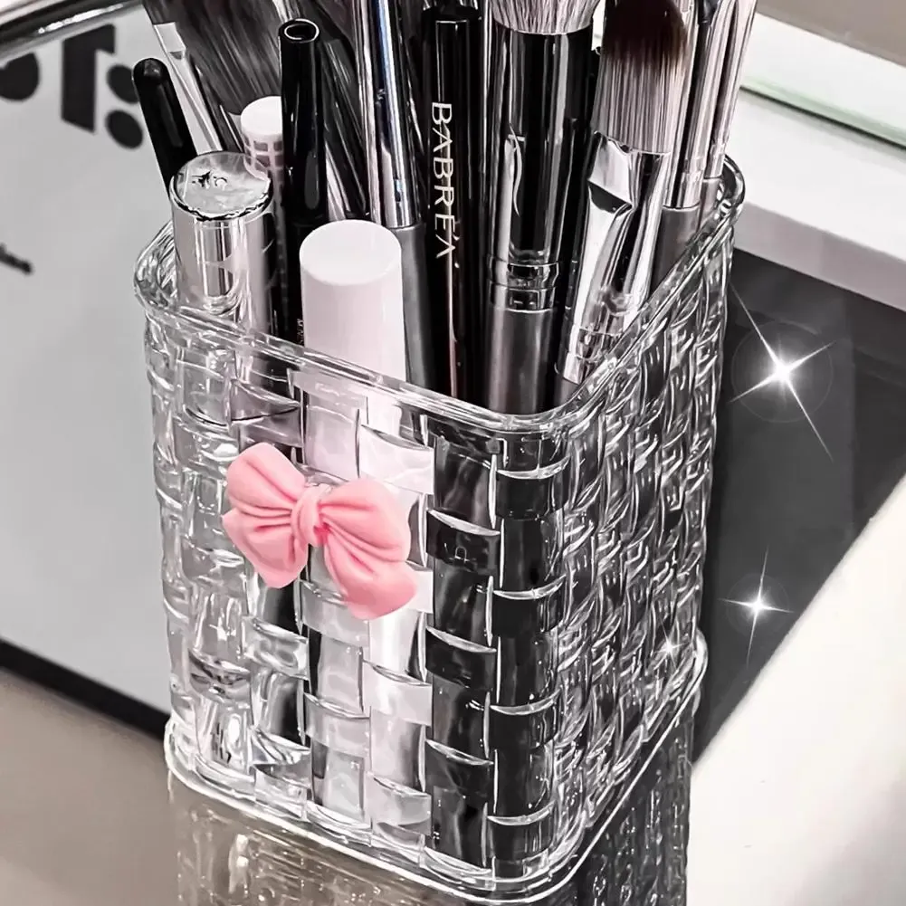 Organisateur de pinceaux de maquillage transparent avec nœud décoratif, boîte de rangement cosmétique à motif tressé pour pinceaux, rouges à lèvres et crayons à sourcils, sans couvercle 6