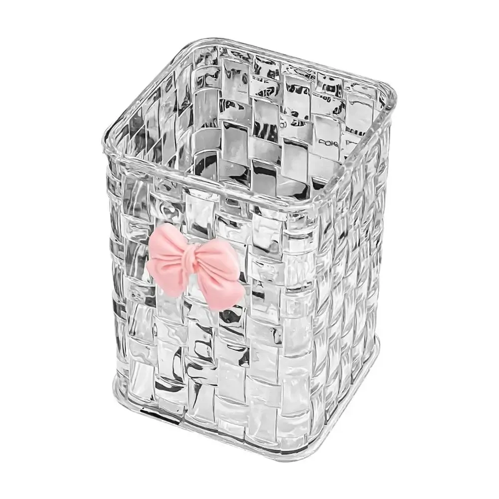Organisateur de pinceaux de maquillage transparent avec nœud décoratif, boîte de rangement cosmétique à motif tressé pour pinceaux, rouges à lèvres et crayons à sourcils, sans couvercle 8