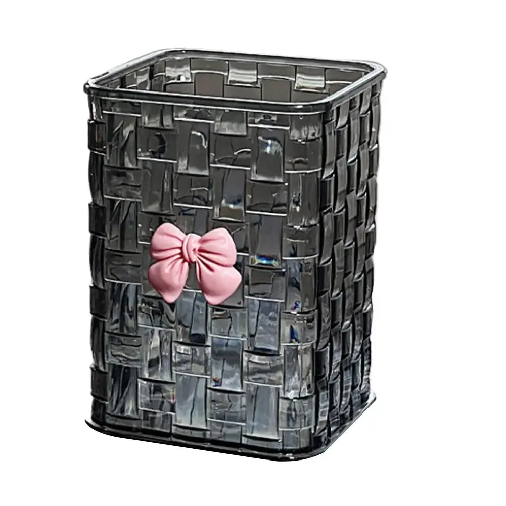Organisateur de pinceaux de maquillage transparent avec nœud décoratif, boîte de rangement cosmétique à motif tressé pour pinceaux, rouges à lèvres et crayons à sourcils, sans couvercle 7