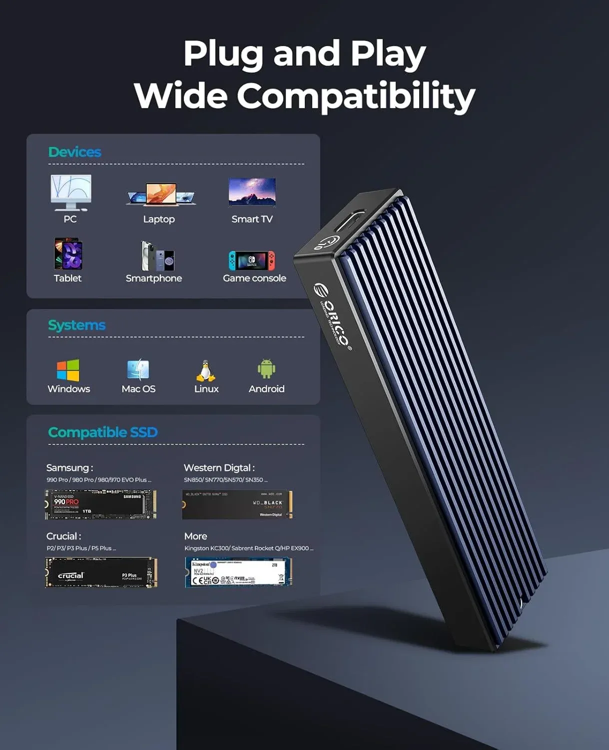 ORICO – Boîtier pour SSD M.2 NVMe USB Type-C Gen2, 10 Gbit/s, PCIe, 5 Gbit/s, SATA NGFF 4