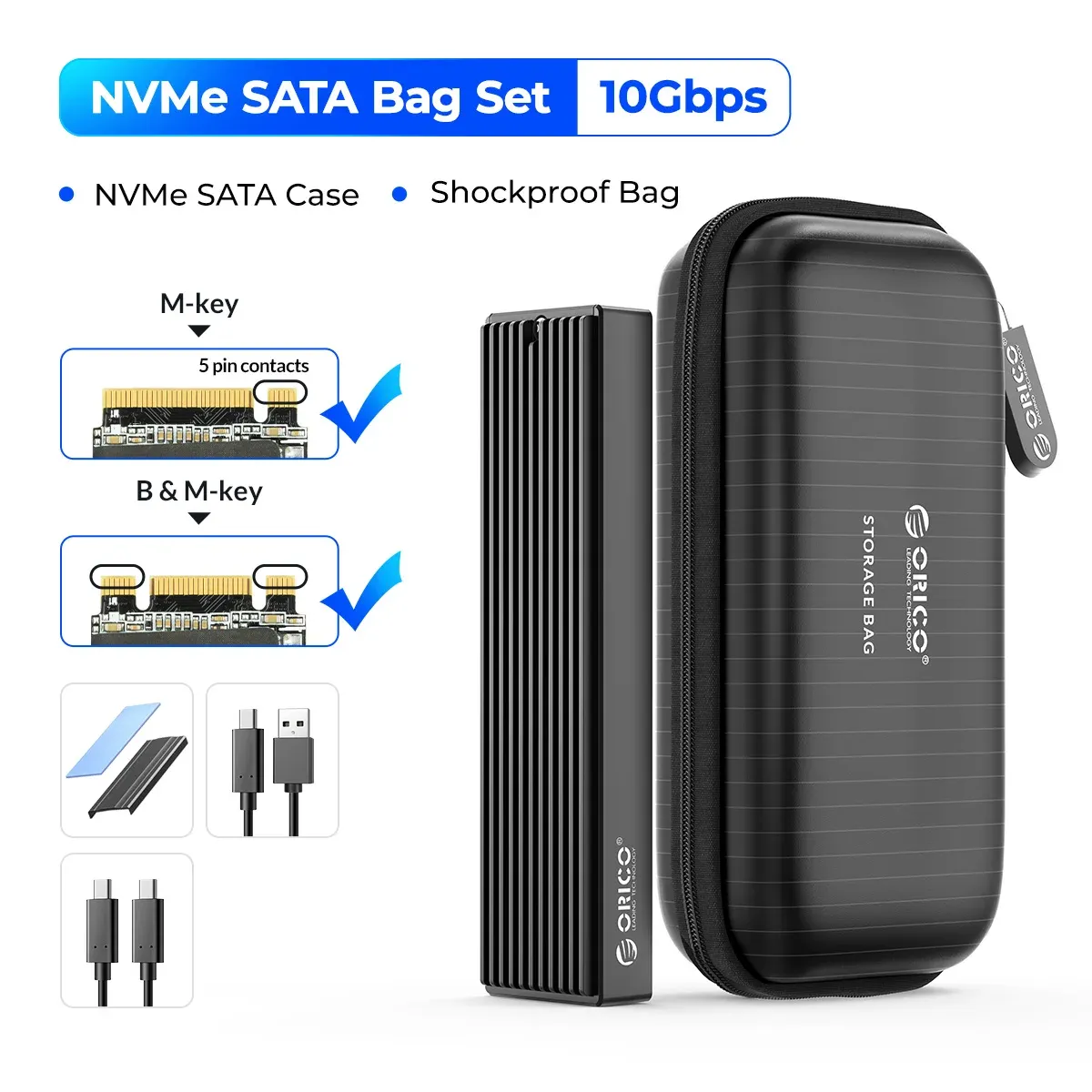 ORICO – Boîtier pour SSD M.2 NVMe USB Type-C Gen2, 10 Gbit/s, PCIe, 5 Gbit/s, SATA NGFF 7