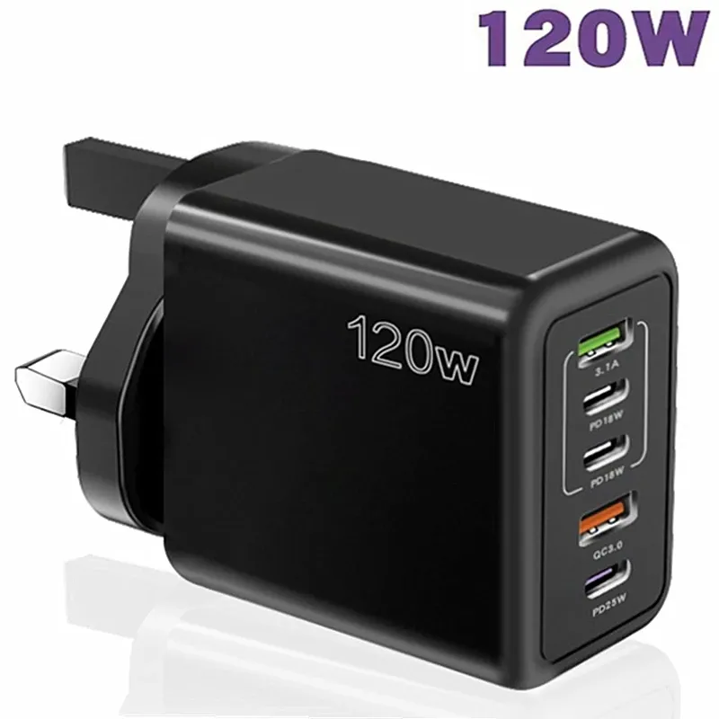 Chargeur USB 5 ports à charge rapide PD avec QC 3.0 et USB-C, compatible iPhone, Huawei, Samsung, Xiaomi et iPad