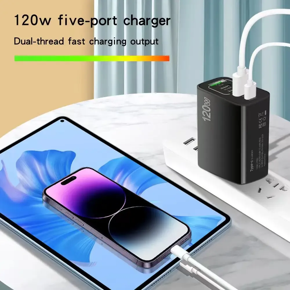 Chargeur USB 5 ports à charge rapide PD avec QC 3.0 et USB-C, compatible iPhone, Huawei, Samsung, Xiaomi et iPad 2