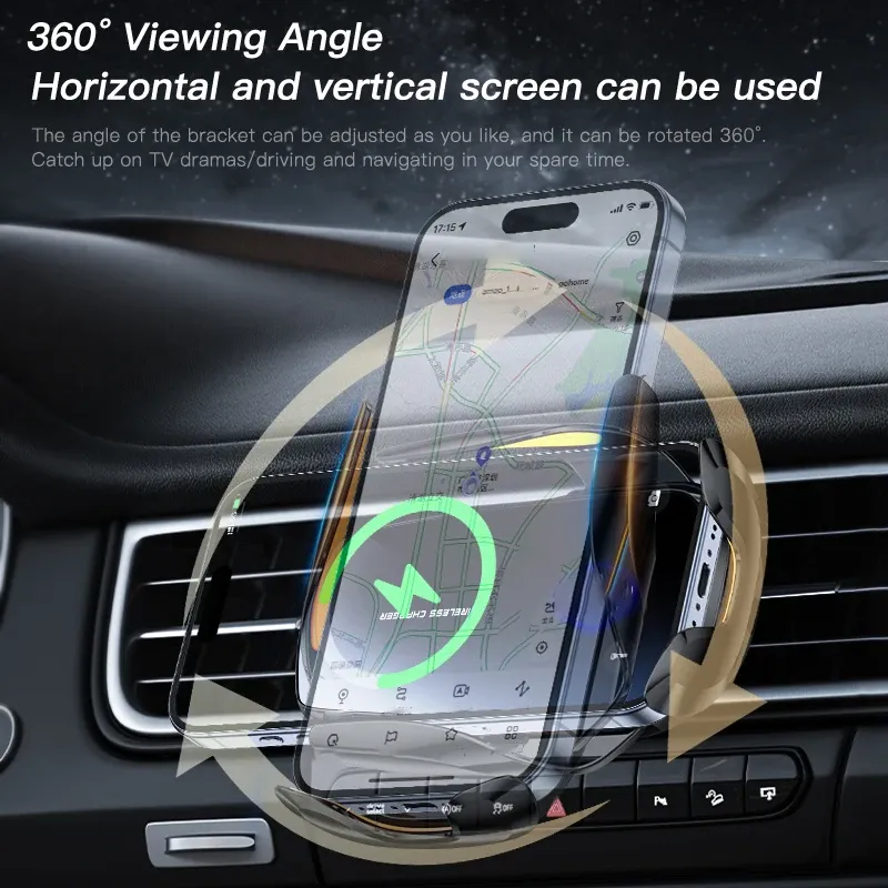 Support de téléphone sans fil pour voiture avec recharge sans fil, pour grille d'aération universelle, rotation à 360°, 1 pièce, version améliorée, bras rotatif, connecteur USB 5
