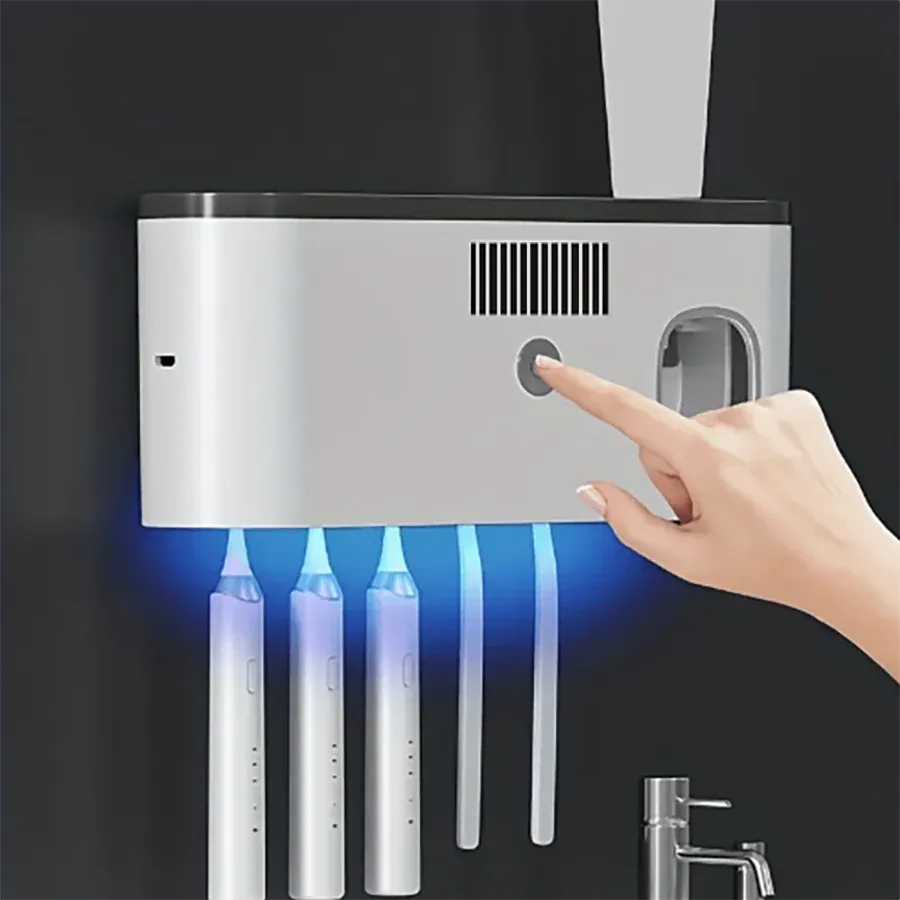 Stérilisateur mural intelligent pour brosses à dents à 5 emplacements, avec distributeur de dentifrice et support de rangement pour salle de bain - Image 1