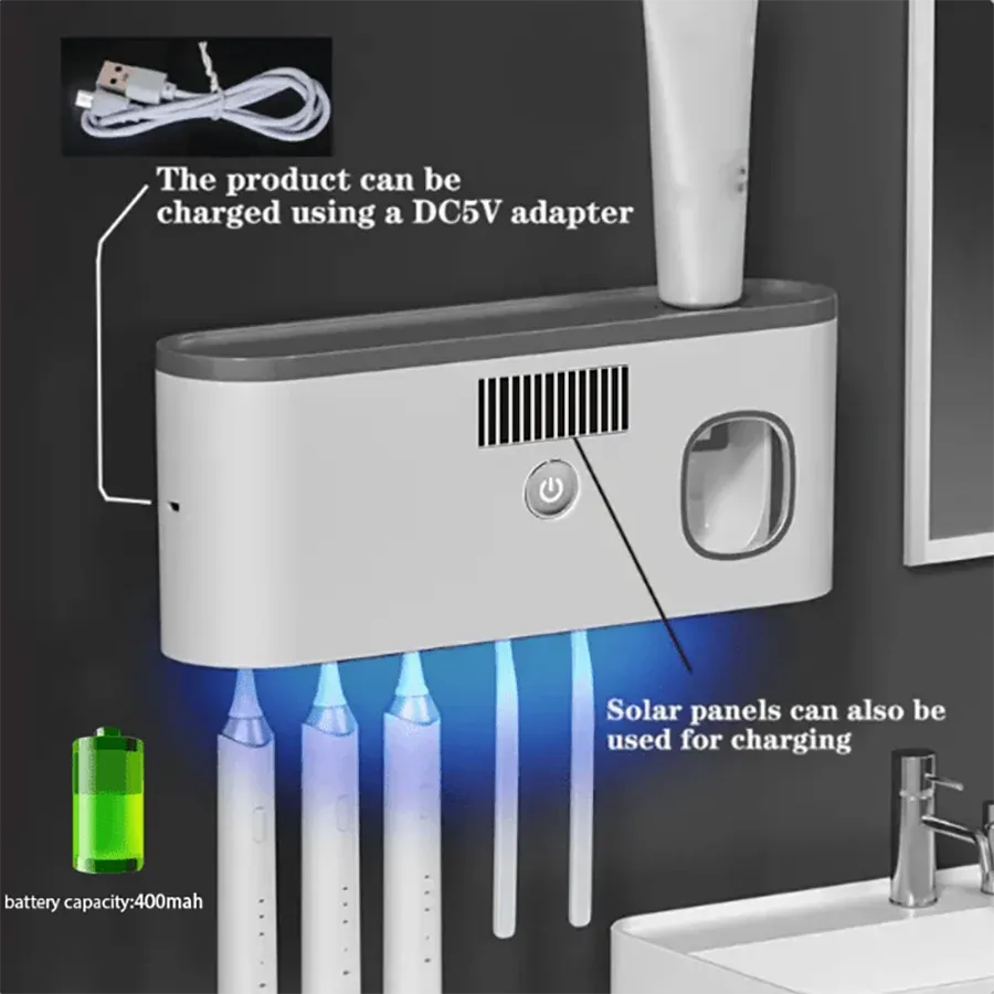 Stérilisateur mural intelligent pour brosses à dents à 5 emplacements, avec distributeur de dentifrice et support de rangement pour salle de bain 3