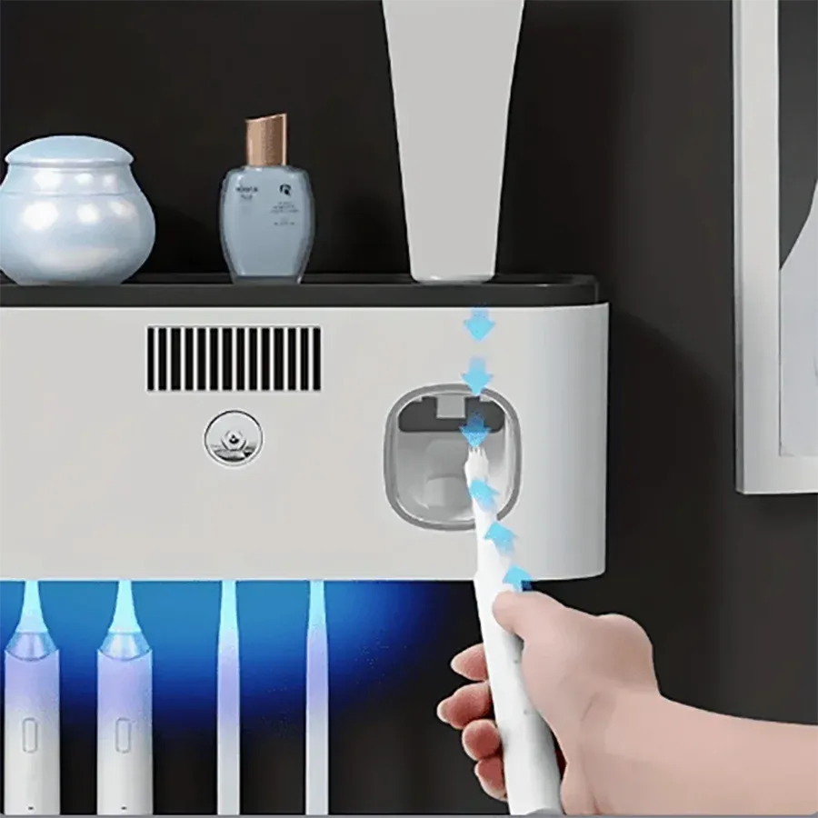 Stérilisateur mural intelligent pour brosses à dents à 5 emplacements, avec distributeur de dentifrice et support de rangement pour salle de bain 6