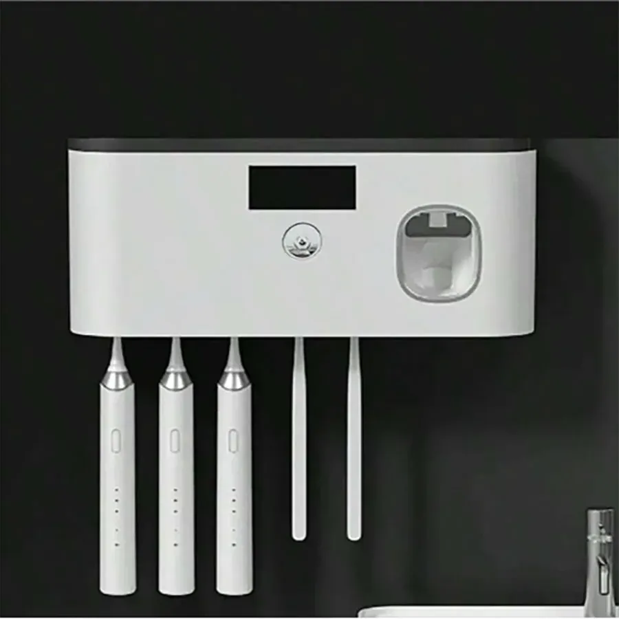 Stérilisateur mural intelligent pour brosses à dents à 5 emplacements, avec distributeur de dentifrice et support de rangement pour salle de bain 8