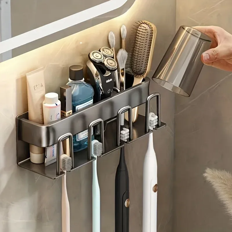 Porte-brosse à dents électrique mural en aluminium, 1 pièce pour 2, 3 ou 4 tasses, évier de toilette, bain de bouche, tasse cosmétique 2
