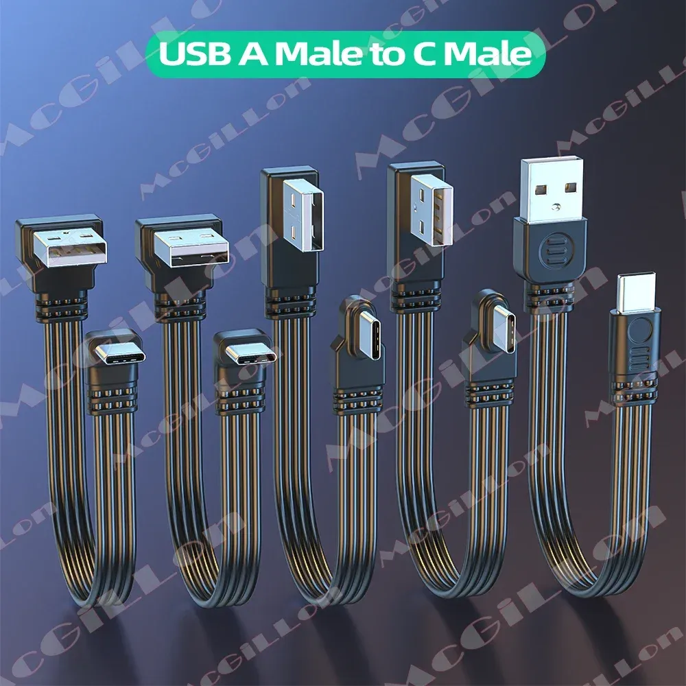 Câble USB vers USB-C plat et flexible, coudé à 90° (10 cm / 30 cm / 50 cm) - Image 1