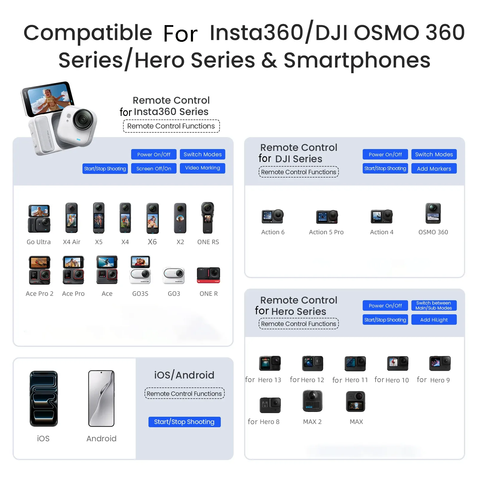 Télécommande Bluetooth sans fil pour Insta360 X6/X5/X4/Ace Pro 2 et GoPro Hero 13/12, avec dragonne – Accessoires pour caméra sport 3