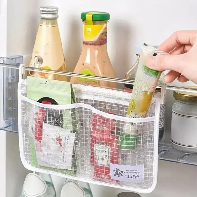 Filet de rangement pour réfrigérateur à double compartiment suspendu, organisateur en maille pour sauces, épices et garde-manger de cuisine 1