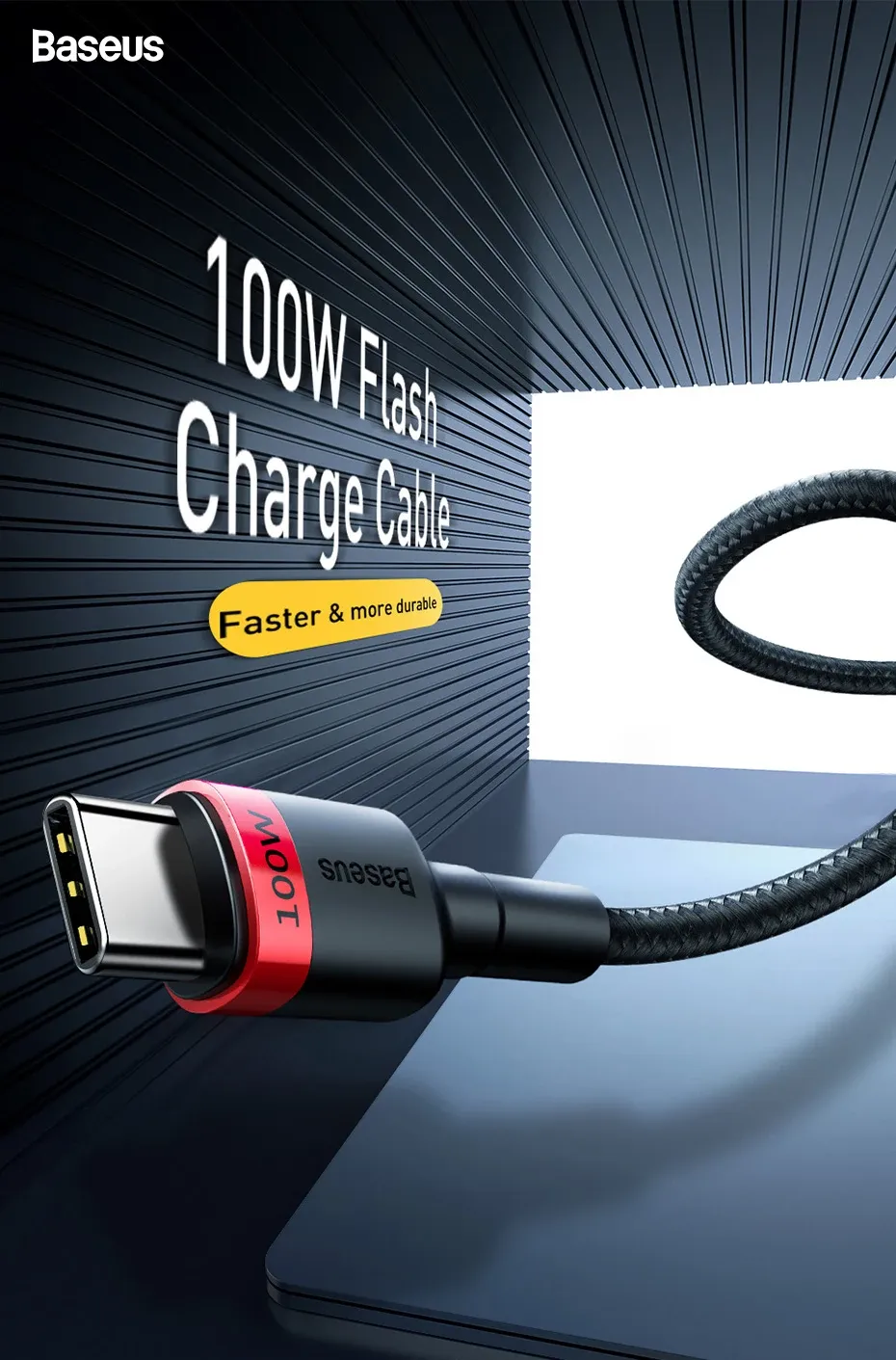 Câble de charge flash Baseus USB-C vers USB-C présenté dans son ensemble