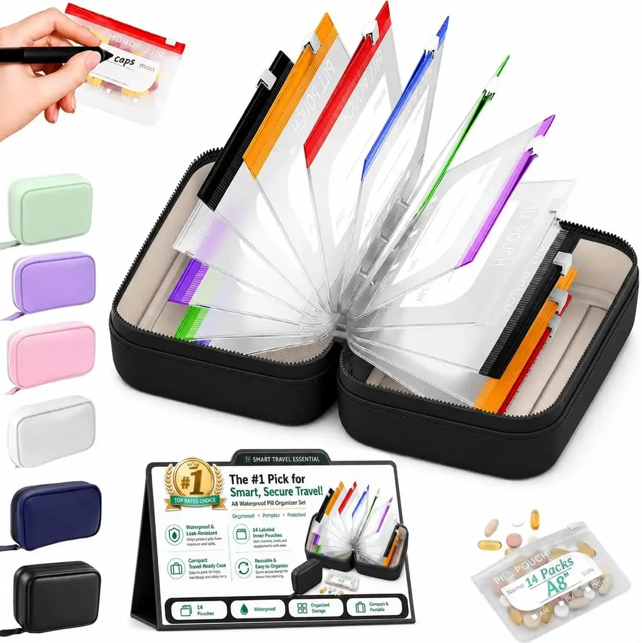 Ensemble de pochettes à pilules portables et étanches, 14 sachets pour pilules, organisateur de médicaments pour les voyages, étui souple pour médicaments 1