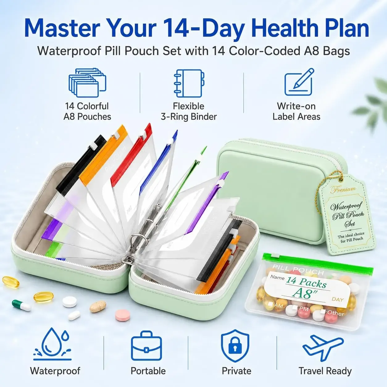 Ensemble de pochettes à pilules portables et étanches, 14 sachets pour pilules, organisateur de médicaments pour les voyages, étui souple pour médicaments 3