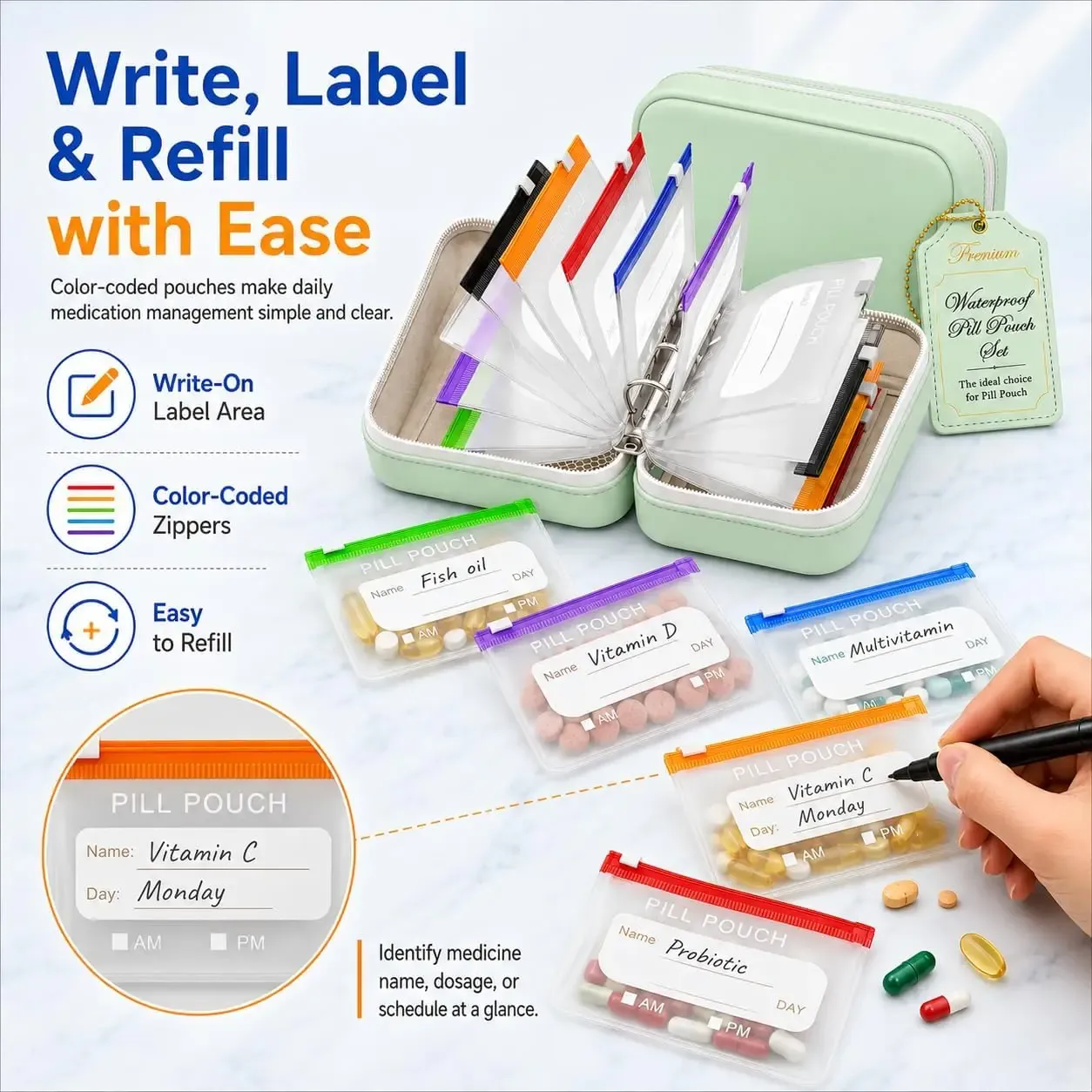 Ensemble de pochettes à pilules portables et étanches, 14 sachets pour pilules, organisateur de médicaments pour les voyages, étui souple pour médicaments 4