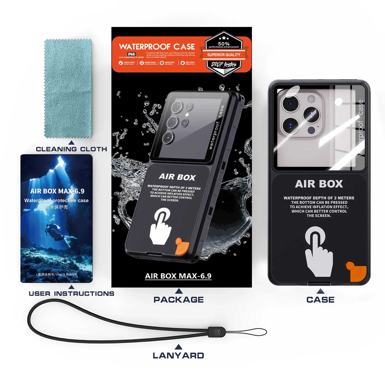 Pochette étanche IP68 pour téléphone, compatible écran tactile, avec cordon, pour écrans jusqu'à 6,9 pouces 6