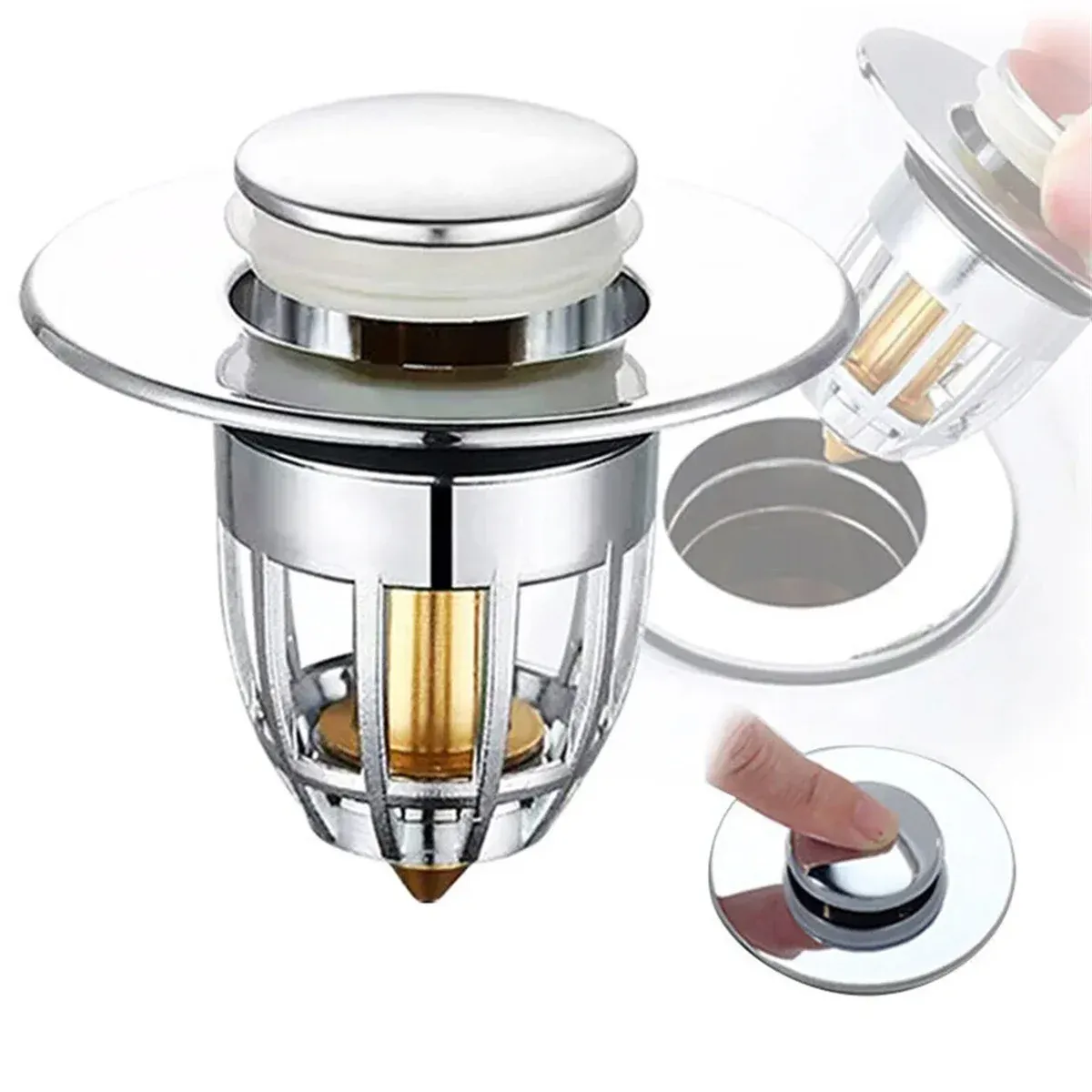 Bouchon de vidange universel chromé à ouverture rapide avec filtre attrape-cheveux pour lavabo de salle de bain 7