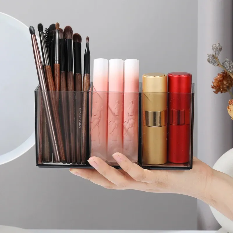Boîte de rangement cosmétique transparente en acrylique avec support pour pinceaux, rouge à lèvres et crayons à sourcils 3