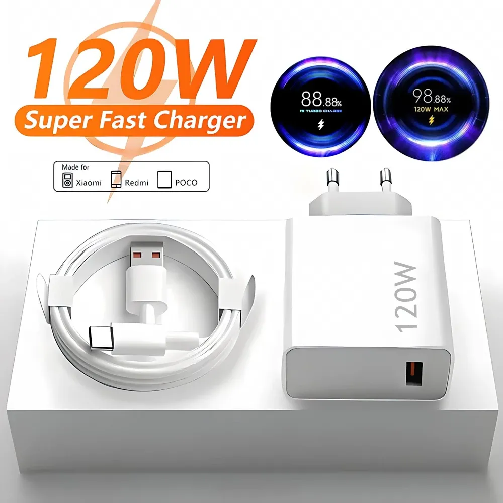 Chargeur mural rapide 120W USB 6A (prise UE) avec câble USB Type-C, compatible Xiaomi 11 à 15 Ultra, Redmi Note 11T à 13 et POCO F6 et X5 Pro