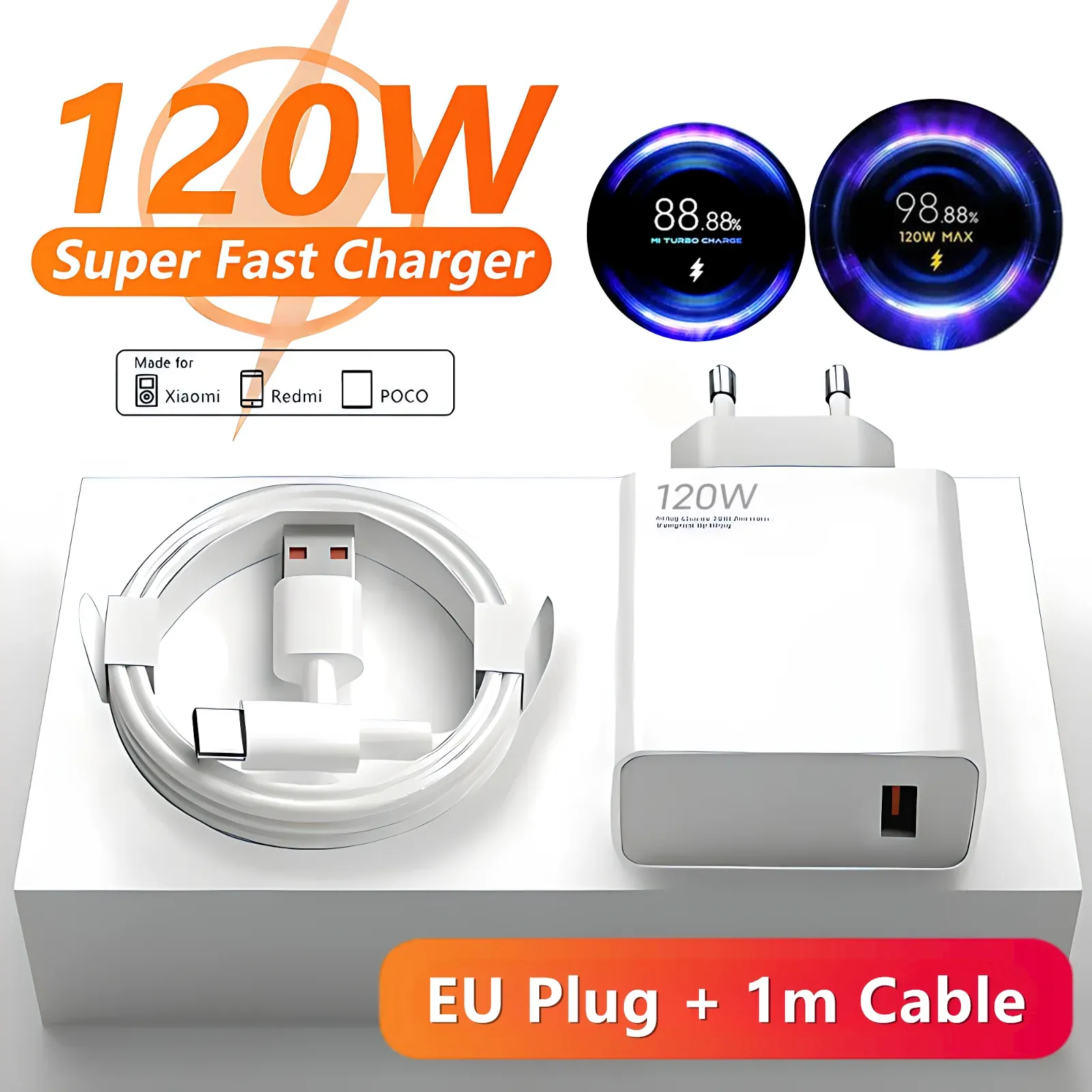 Chargeur mural rapide 120W USB 6A (prise UE) avec câble USB Type-C, compatible Xiaomi 11 à 15 Ultra, Redmi Note 11T à 13 et POCO F6 et X5 Pro 7