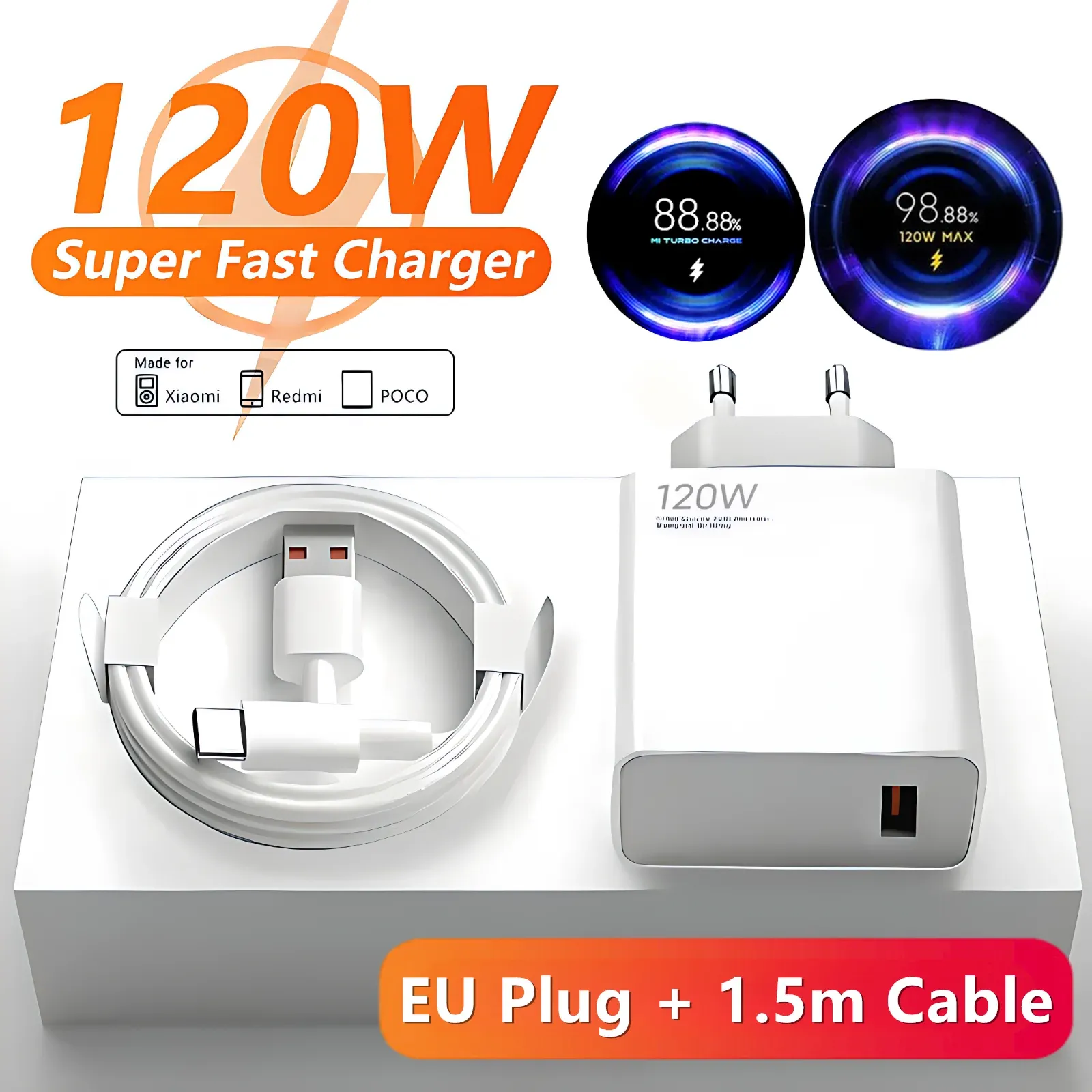 Chargeur mural rapide 120W USB 6A (prise UE) avec câble USB Type-C, compatible Xiaomi 11 à 15 Ultra, Redmi Note 11T à 13 et POCO F6 et X5 Pro 8