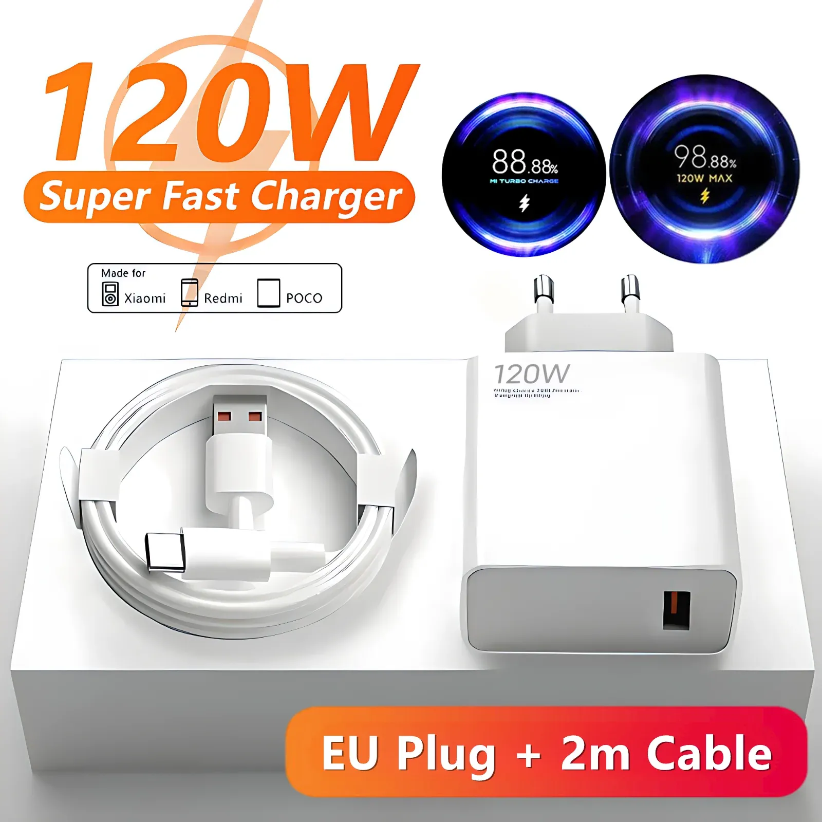 Chargeur mural rapide 120W USB 6A (prise UE) avec câble USB Type-C, compatible Xiaomi 11 à 15 Ultra, Redmi Note 11T à 13 et POCO F6 et X5 Pro 9