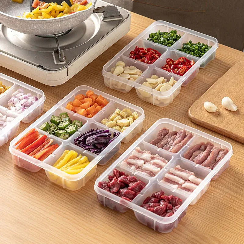 Bac de rangement pour réfrigérateur, lot de 4 à 6 pièces, organisateur pour aliments, légumes et fruits, panier égouttoir transparent pour viande, oignons et gingembre - Image 1