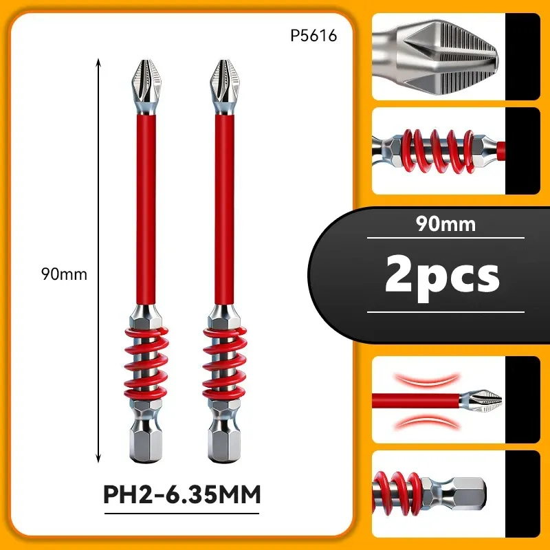 Embouts de tournevis magnétiques à ressort PH2, 60/90/110 mm, tige hexagonale 1/4", embout antidérapant pour vissage, outil de réparation électrique 5