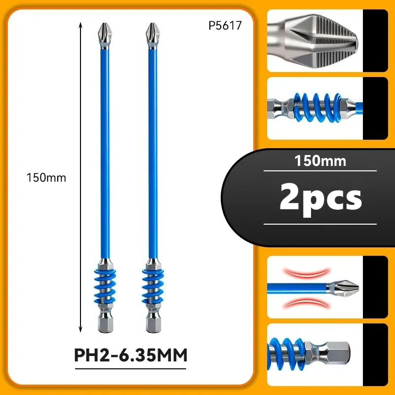 Embouts de tournevis magnétiques à ressort PH2, 60/90/110 mm, tige hexagonale 1/4", embout antidérapant pour vissage, outil de réparation électrique 6