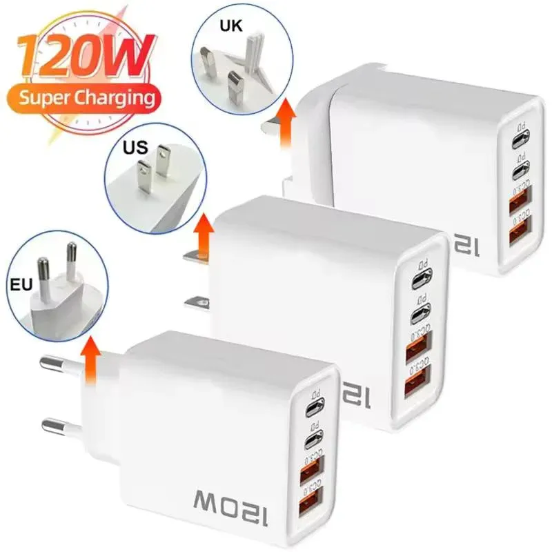 Chargeur USB-C 120 W à 4 ports PD, charge rapide 3.0, avec prises EU, US et UK