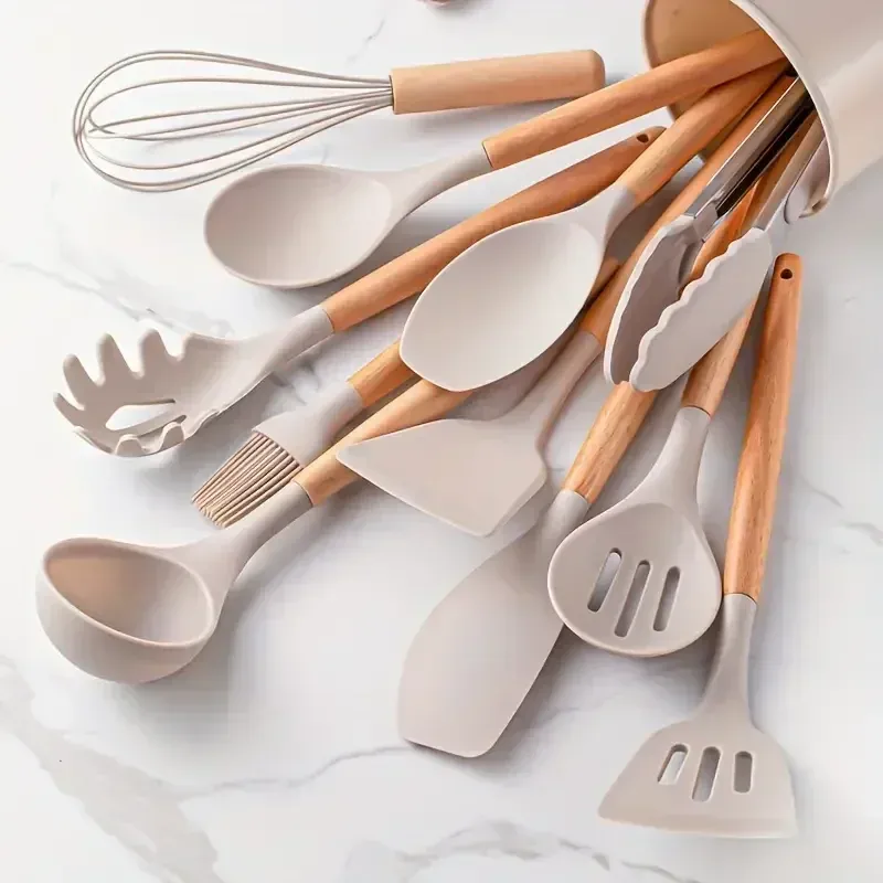 Ensemble de 12 ustensiles de cuisine en silicone multicolores à manche en bois, résistants à la chaleur et antiadhésifs
