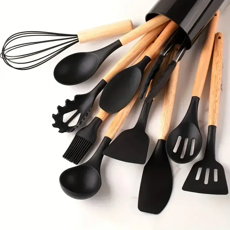 Ensemble de 12 ustensiles de cuisine en silicone multicolores à manche en bois, résistants à la chaleur et antiadhésifs 6