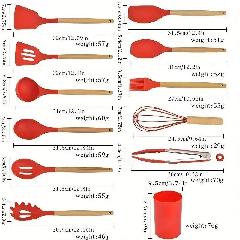 Ensemble de 12 ustensiles de cuisine en silicone multicolores à manche en bois, résistants à la chaleur et antiadhésifs 5