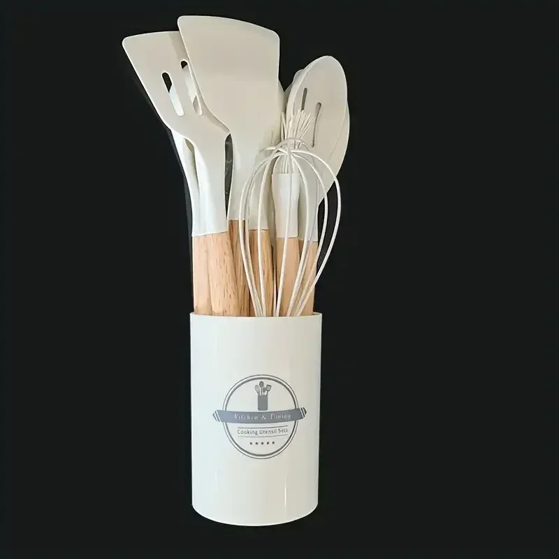Ensemble de 12 ustensiles de cuisine en silicone multicolores à manche en bois, résistants à la chaleur et antiadhésifs 9
