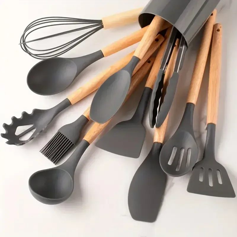 Ensemble de 12 ustensiles de cuisine en silicone multicolores à manche en bois, résistants à la chaleur et antiadhésifs 7