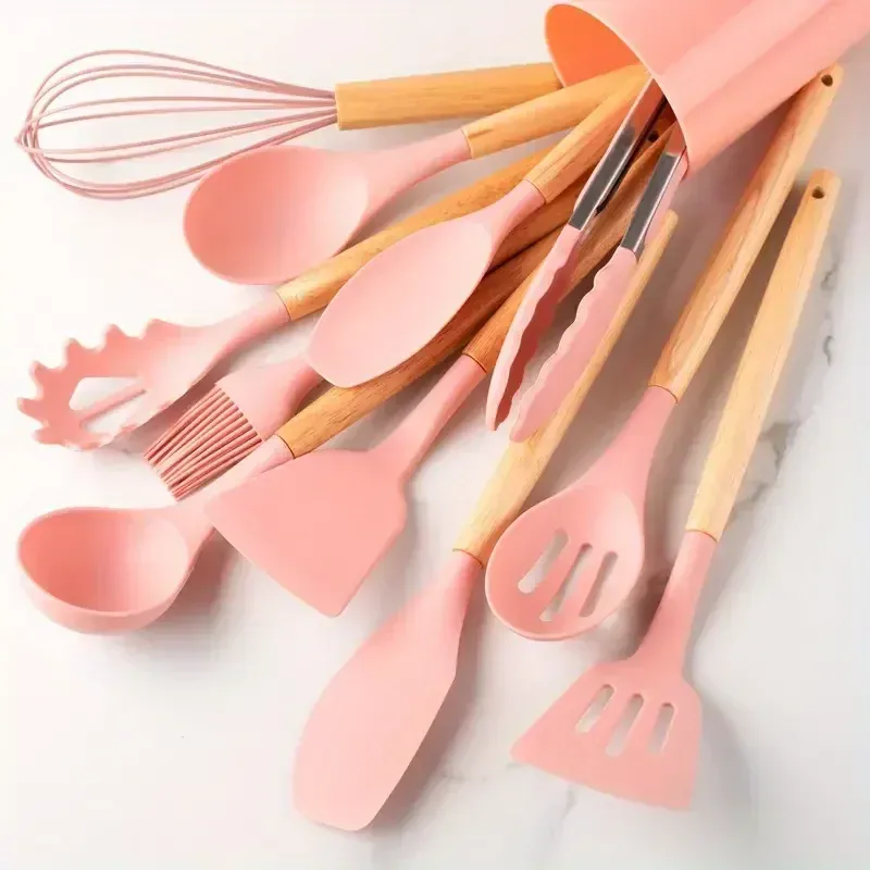 Ensemble de 12 ustensiles de cuisine en silicone multicolores à manche en bois, résistants à la chaleur et antiadhésifs 11