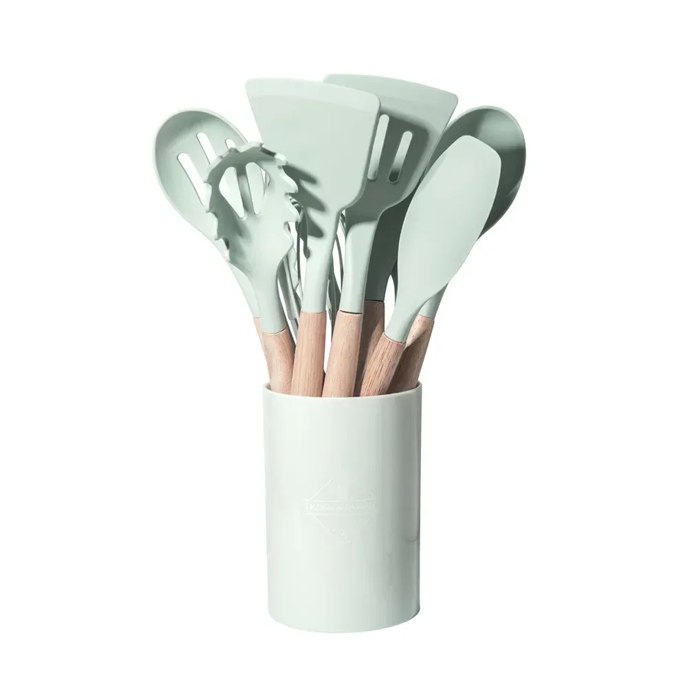 Ensemble de 12 ustensiles de cuisine en silicone multicolores à manche en bois, résistants à la chaleur et antiadhésifs 10
