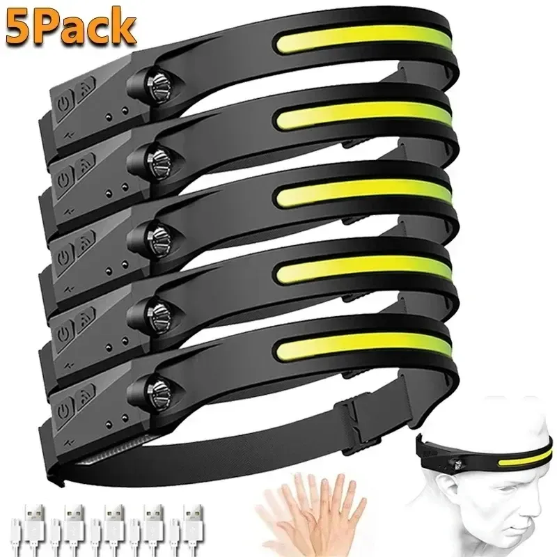 Lampe de poche LED avec capteur, lampe frontale, batterie intégrée, 5 modes d'éclairage, pour pêche, camping et usage en lanterne