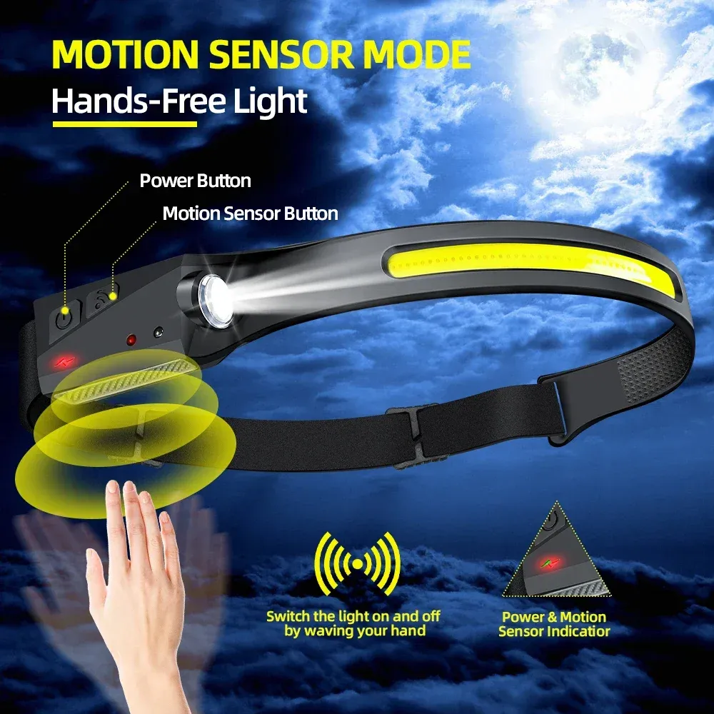 Lampe de poche LED avec capteur, lampe frontale, batterie intégrée, 5 modes d'éclairage, pour pêche, camping et usage en lanterne 2