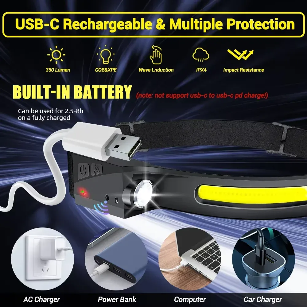 Lampe de poche LED avec capteur, lampe frontale, batterie intégrée, 5 modes d'éclairage, pour pêche, camping et usage en lanterne 5