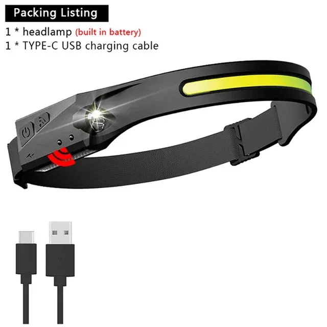 Lampe de poche LED avec capteur, lampe frontale, batterie intégrée, 5 modes d'éclairage, pour pêche, camping et usage en lanterne 15