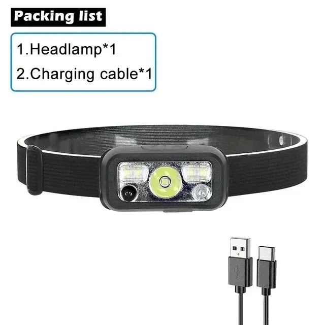 Lampe de poche LED avec capteur, lampe frontale, batterie intégrée, 5 modes d'éclairage, pour pêche, camping et usage en lanterne 16