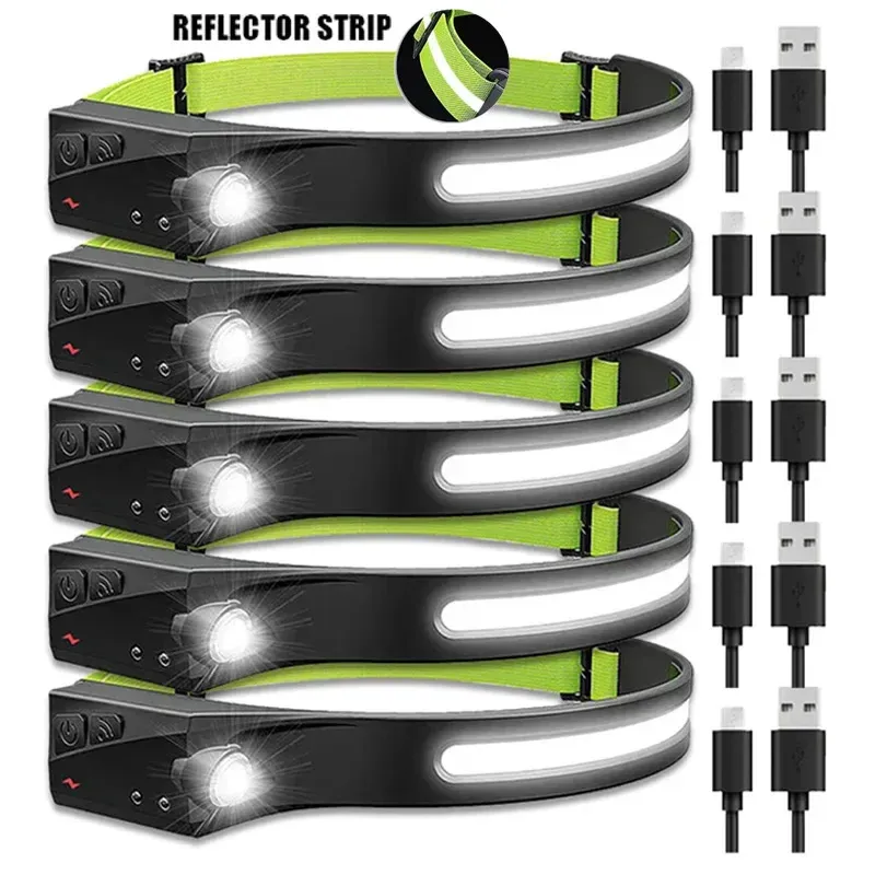 Lampe de poche LED avec capteur, lampe frontale, batterie intégrée, 5 modes d'éclairage, pour pêche, camping et usage en lanterne 9