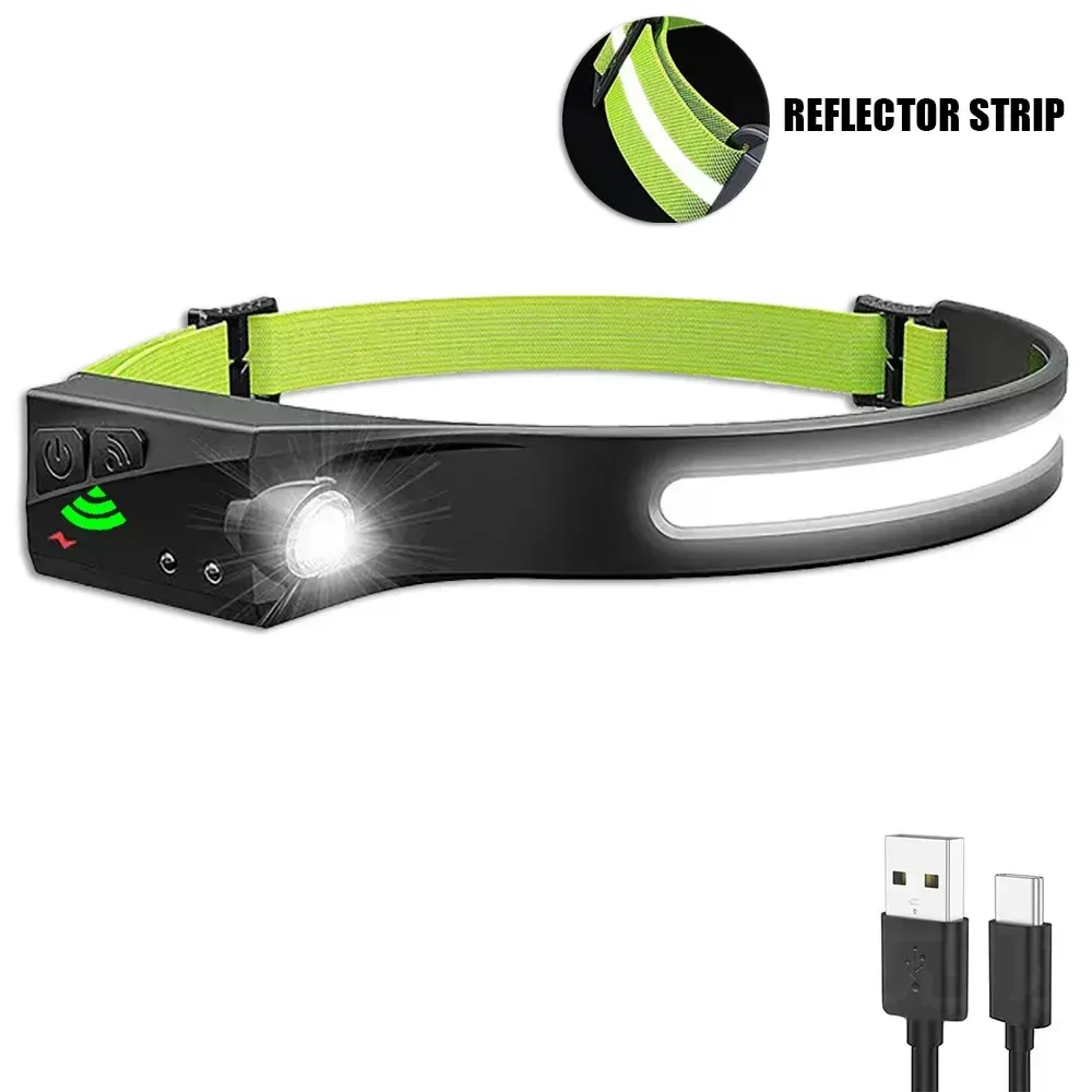 Lampe de poche LED avec capteur, lampe frontale, batterie intégrée, 5 modes d'éclairage, pour pêche, camping et usage en lanterne 11